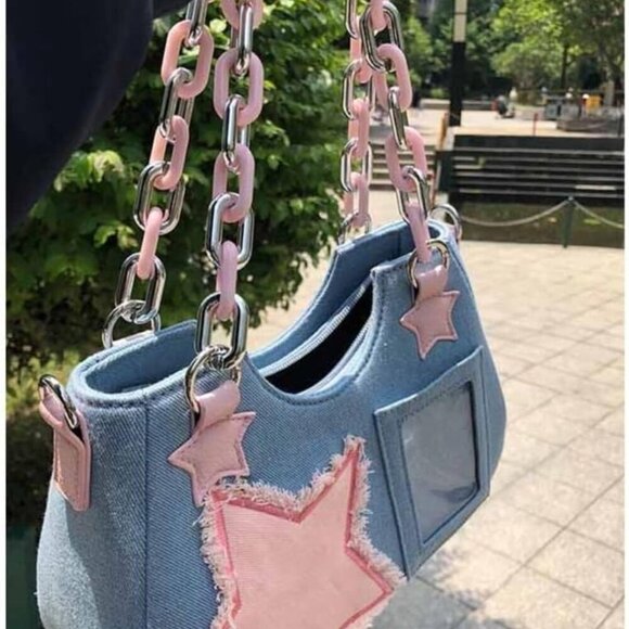 Cute Shoulder Bag Crossbody Bag for Women Y2K Star Patchwork Denim Messenger Bag - Picture 7 of 7